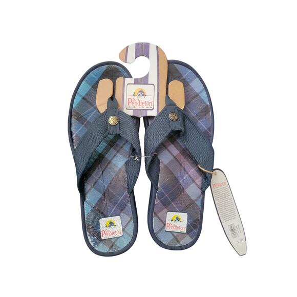 Pendleton Men's Sandals Flip Flops Size 11 Blue Plaid Travel Vacation Beach -NEW - Picture 1 of 5